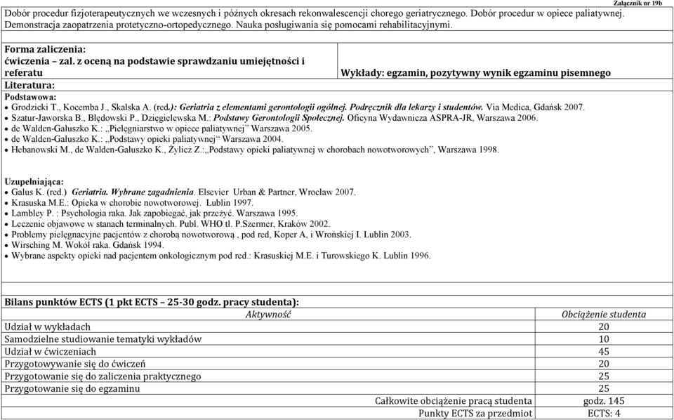 z oceną na podstawie sprawdzaniu umiejętności i referatu Wykłady: egzamin, pozytywny wynik egzaminu pisemnego Literatura: Podstawowa: Grodzicki T., Kocemba J., Skalska A. (red.