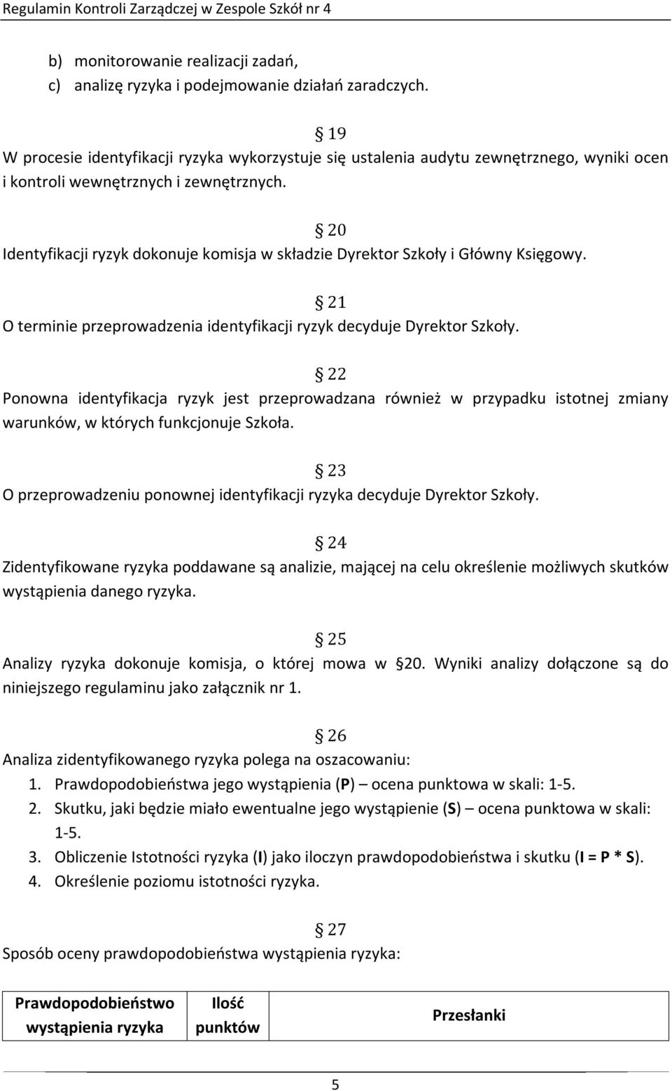 0 Identyfikacji ryzyk dokonuje komisja w składzie Dyrektor Szkoły i Główny Księgowy. 1 O terminie przeprowadzenia identyfikacji ryzyk decyduje Dyrektor Szkoły.