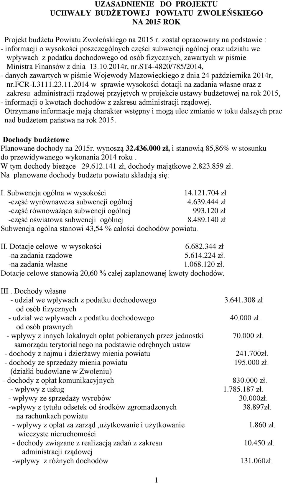 Finansów z dnia 13.10.2014r, nr.st4-4820/785/2014, - danych zawartych w piśmie Wojewody Mazowieckiego z dnia 24 października 2014r, nr.fcr-i.3111