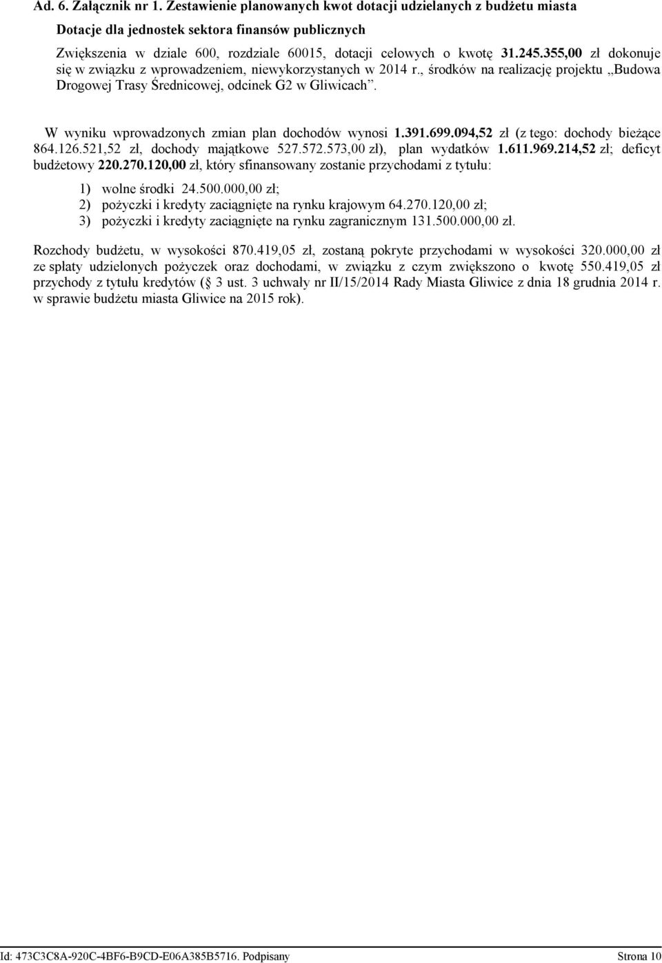 355,00 zł dokonuje się w związku z wprowadzeniem, niewykorzystanych w 2014 r., środków na realizację projektu Budowa Drogowej Trasy Średnicowej, odcinek G2 w Gliwicach.