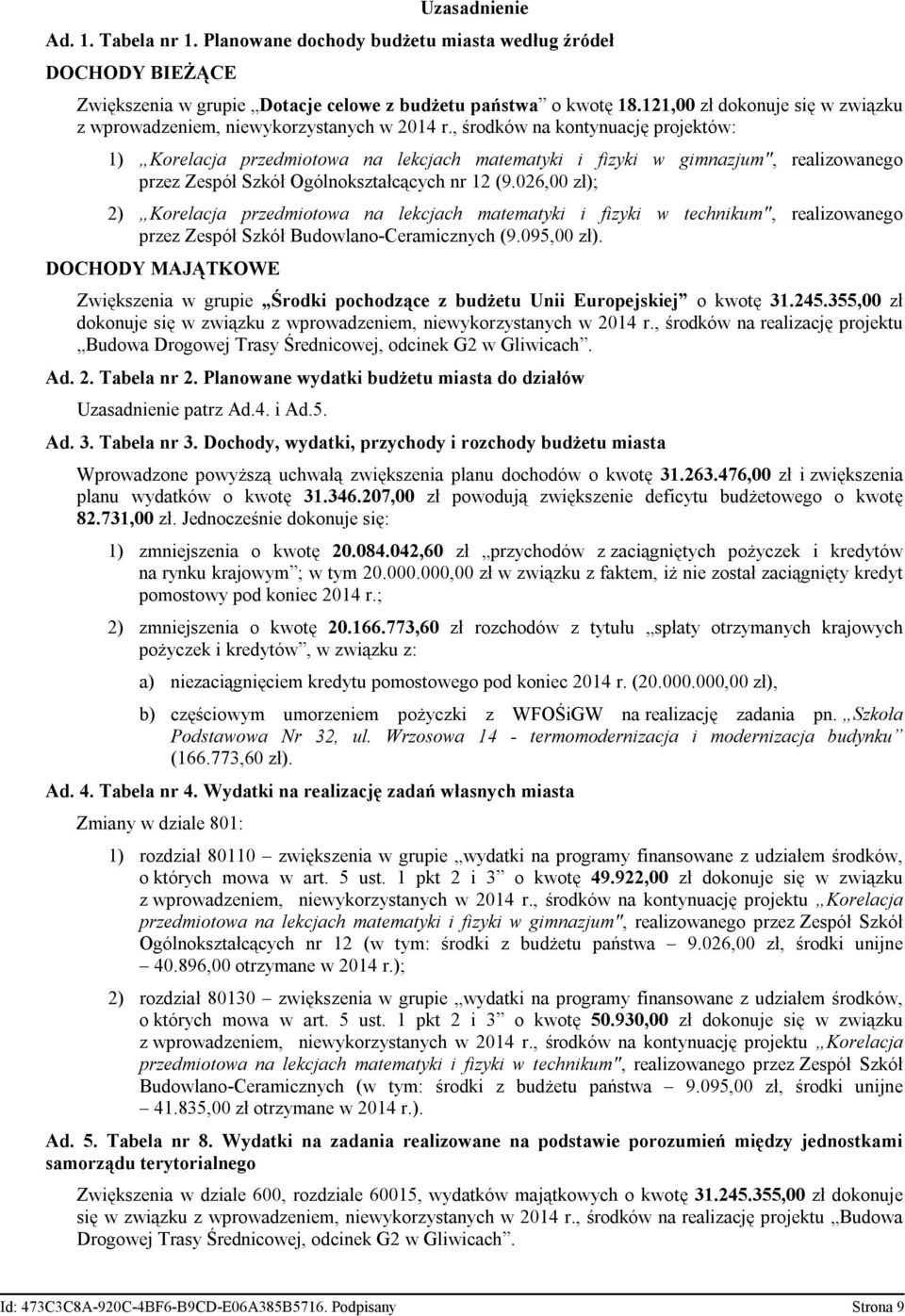 , środków na kontynuację projektów: 1) Korelacja przedmiotowa na lekcjach matematyki i fizyki w gimnazjum", realizowanego przez Zespół Szkół Ogólnokształcących nr 12 (9.