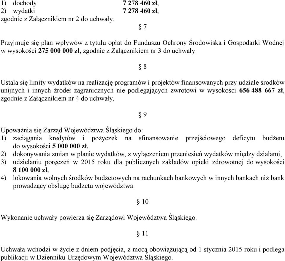 8 Ustala się limity wydatków na realizację programów i projektów finansowanych przy udziale środków unijnych i innych źródeł zagranicznych nie podlegających zwrotowi w wysokości 656 488 667 zł,