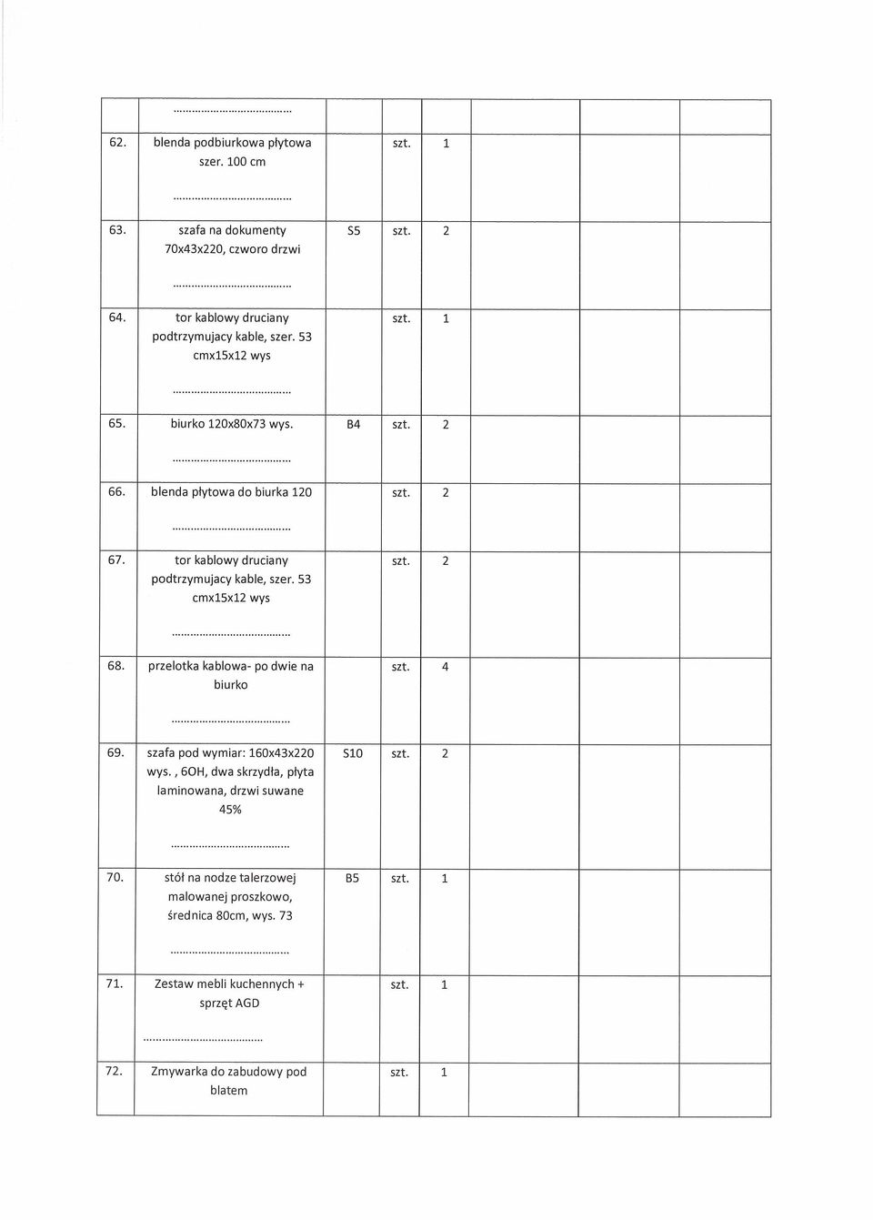 53 cmxl5xl2 wys 68. przelotka kablowa- po dwie na szt. 4 69. szafa pod wymiar: 160x43x220 510 szt. 2 wys.