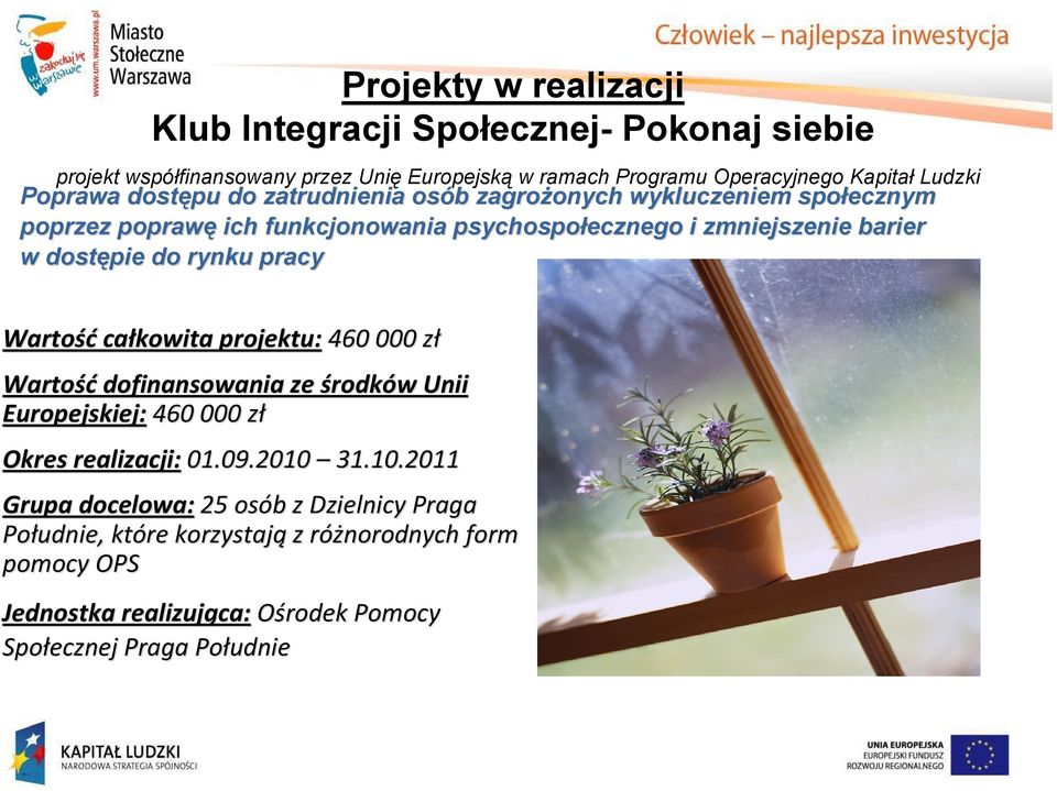 zmniejszenie barier w dostępie do rynku pracy całkowita projektu: 460 000 zł Europejskiej: 460 000 zł Okres realizacji: 01.09.2010 