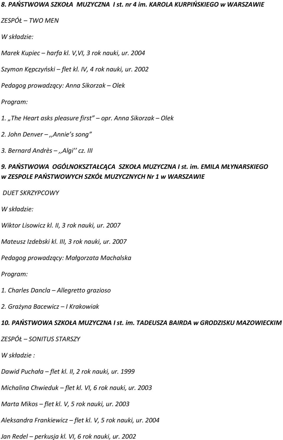 PAŃSTWOWA OGÓLNOKSZTAŁCĄCA SZKOŁA MUZYCZNA I st. im. EMILA MŁYNARSKIEGO w ZESPOLE PAŃSTWOWYCH SZKÓŁ MUZYCZNYCH Nr 1 w WARSZAWIE DUET SKRZYPCOWY Wiktor Lisowicz kl. II, 3 rok nauki, ur.