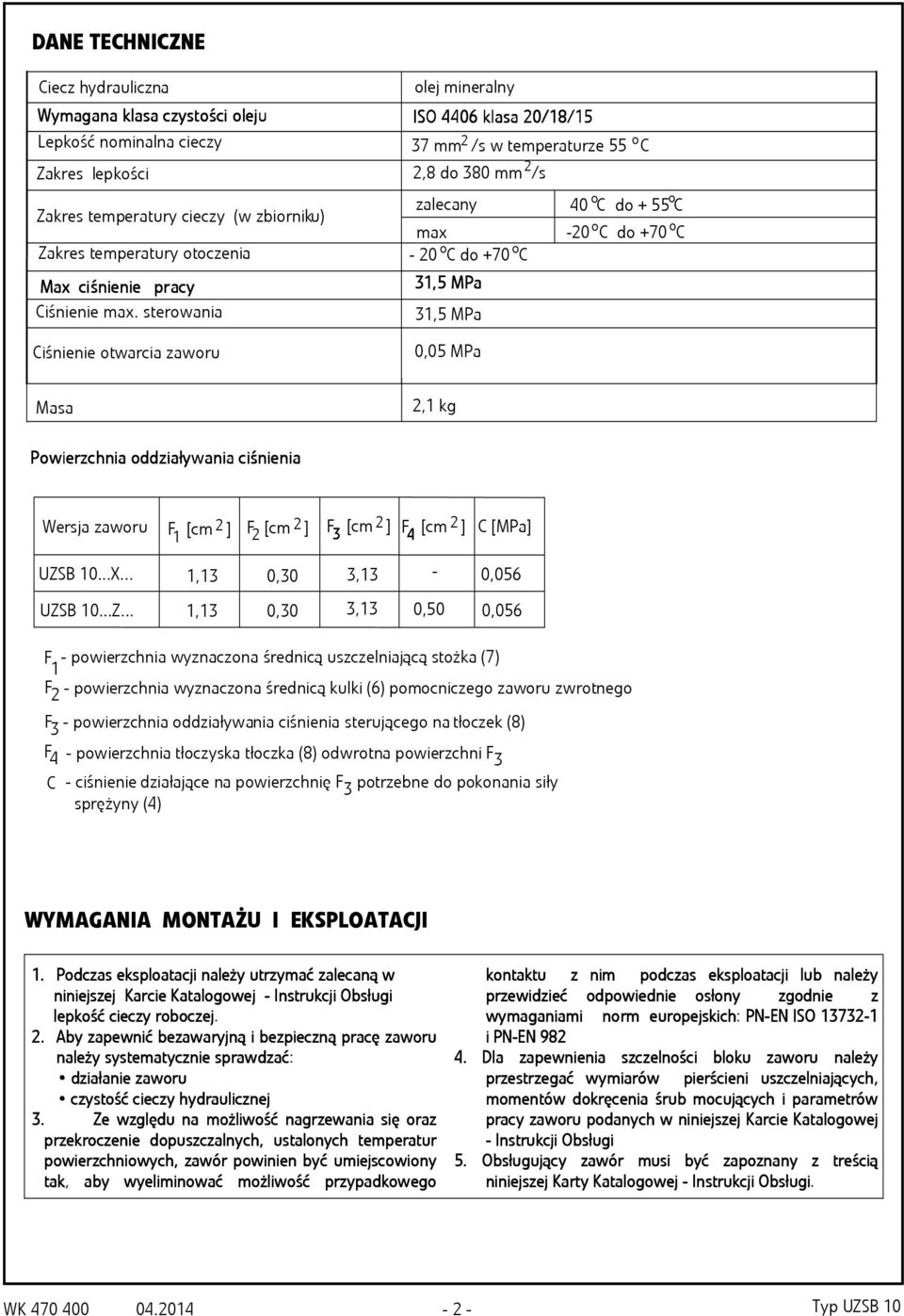 sterowania zalecany max - 20 o C do +70 o C 31, 1,5 MPa 31,5 MPa 40 o C do + 55 o C o o -20 C do +70 C Ciśnienie otwarcia zaworu 0,05 MPa Masa 2,1 kg Powier ierzc zchnia oddziały ływania a ciśniec
