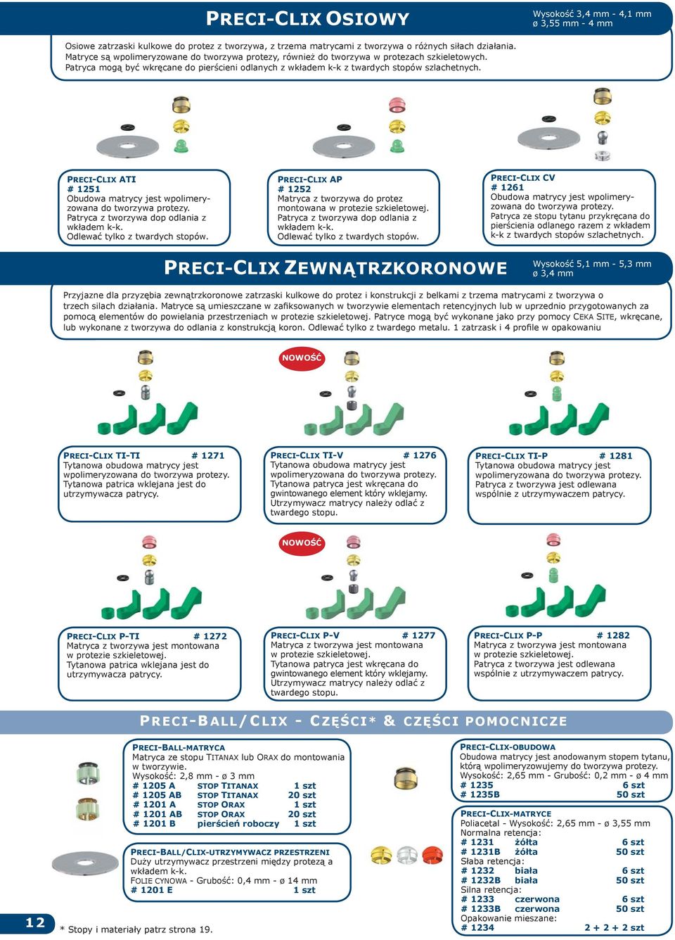 Wysokość 3,4 mm - 4,1 mm ø 3, mm - 4 mm PRECI-CLIX ATI # 121 Obudowa matrycy jest wpolimeryzowana do tworzywa protezy. Patryca z tworzywa dop odlania z wkładem k-k. Odlewać tylko z twardych stopów.