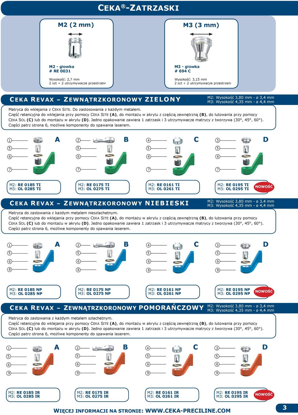 Część retencyjna do wklejania przy pomocy CEKA SITE (A), do montażu w akrylu z częścią zewnętrzną (B), do lutowania przy pomocy CEKA SOL (C) lub do montażu w akrylu (D).
