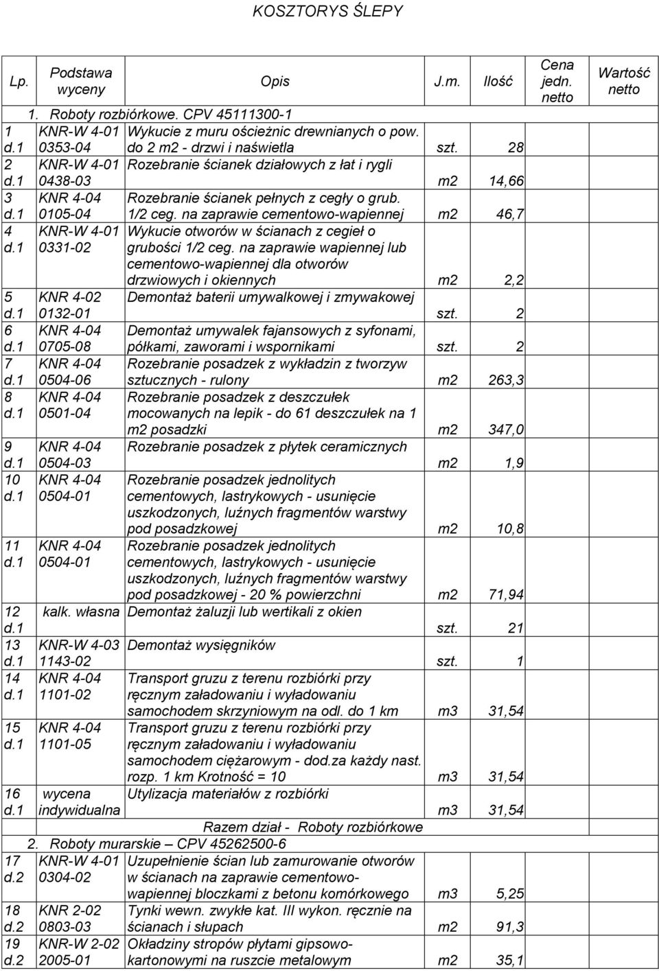 na zaprawie cementowo-wapiennej m2 46,7 4 KNR-W 4-01 Wykucie otworów w ścianach z cegieł o 0331-02 grubości 1/2 ceg.