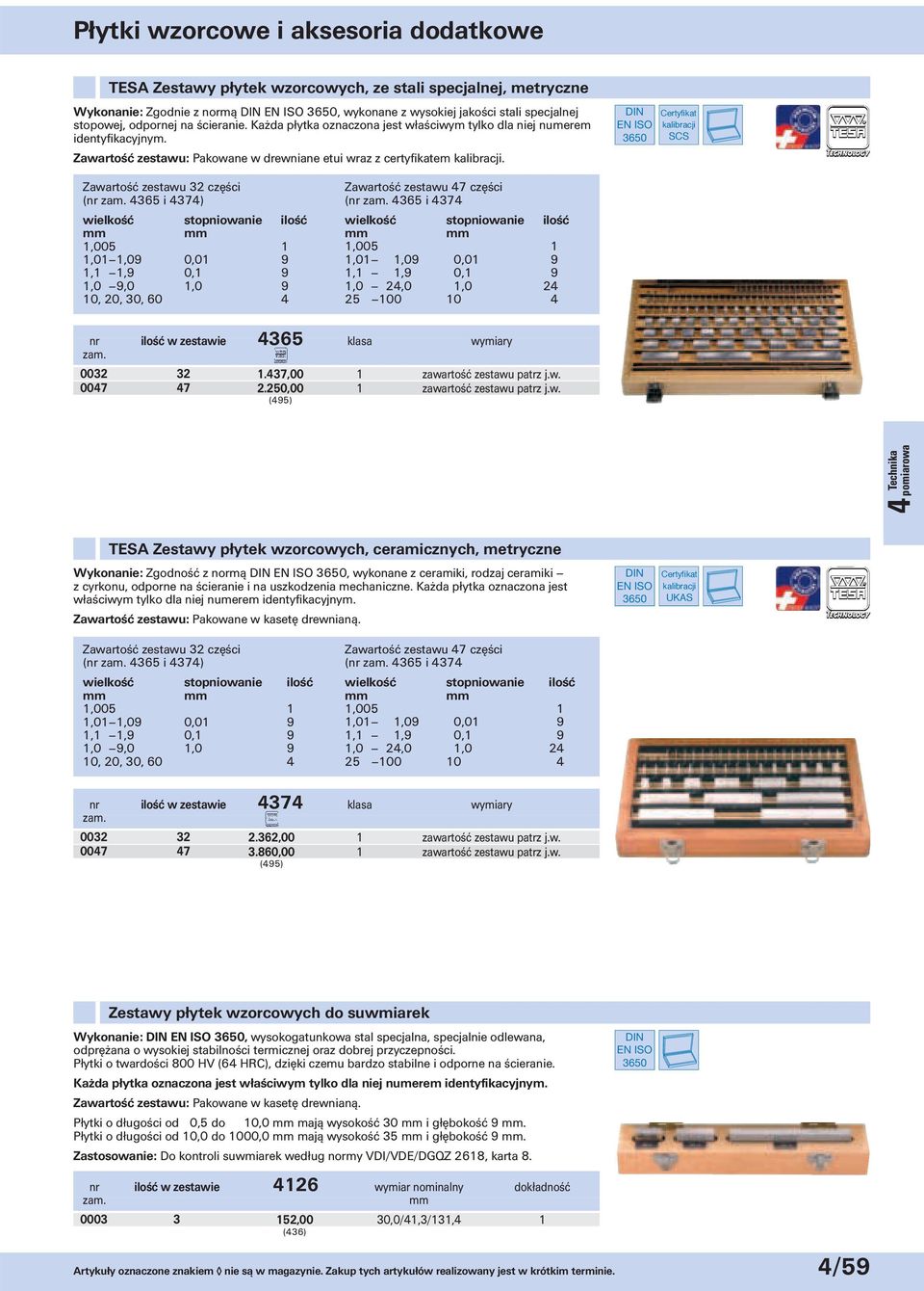 EN ISO 3650 Certyfikat kalibracji SCS Zawartość zestawu 32 części (nr 4365 i 4374) wielkość stopniowanie ilość 1,005 1 1,011,09 0,01 9 1,1 1,9 0,1 9 1,0 9,0 1,0 9 10, 20, 30, 60 4 Zawartość zestawu