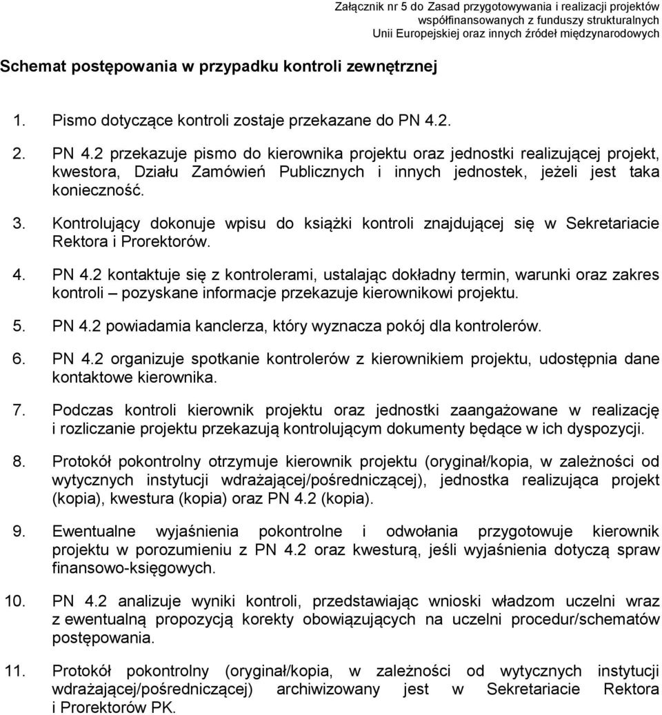 2. 2. PN 4.2 przekazuje pismo do kierownika projektu oraz jednostki realizującej projekt, kwestora, Działu Zamówień Publicznych i innych jednostek, jeżeli jest taka konieczność. 3.