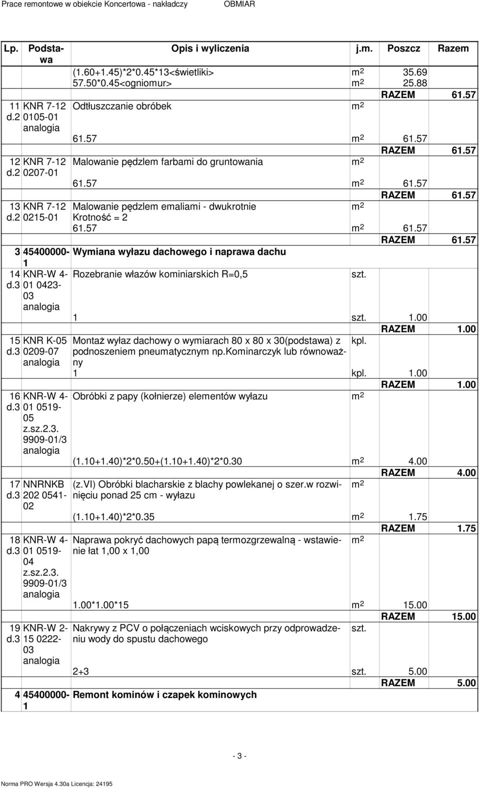 3 Rozebranie włazów kominiarskich R=0,5 szt. KNR-W 4-01 0423-03 15 KNR K-05 d.3 0209-07 16 KNR-W 4- d.3 01 0519-05 z.sz.2.3. 9909-01/3 17 NNRNKB d.3 202 0541-02 18 KNR-W 4- d.3 01 0519-04 z.sz.2.3. 9909-01/3 19 KNR-W 2- d.