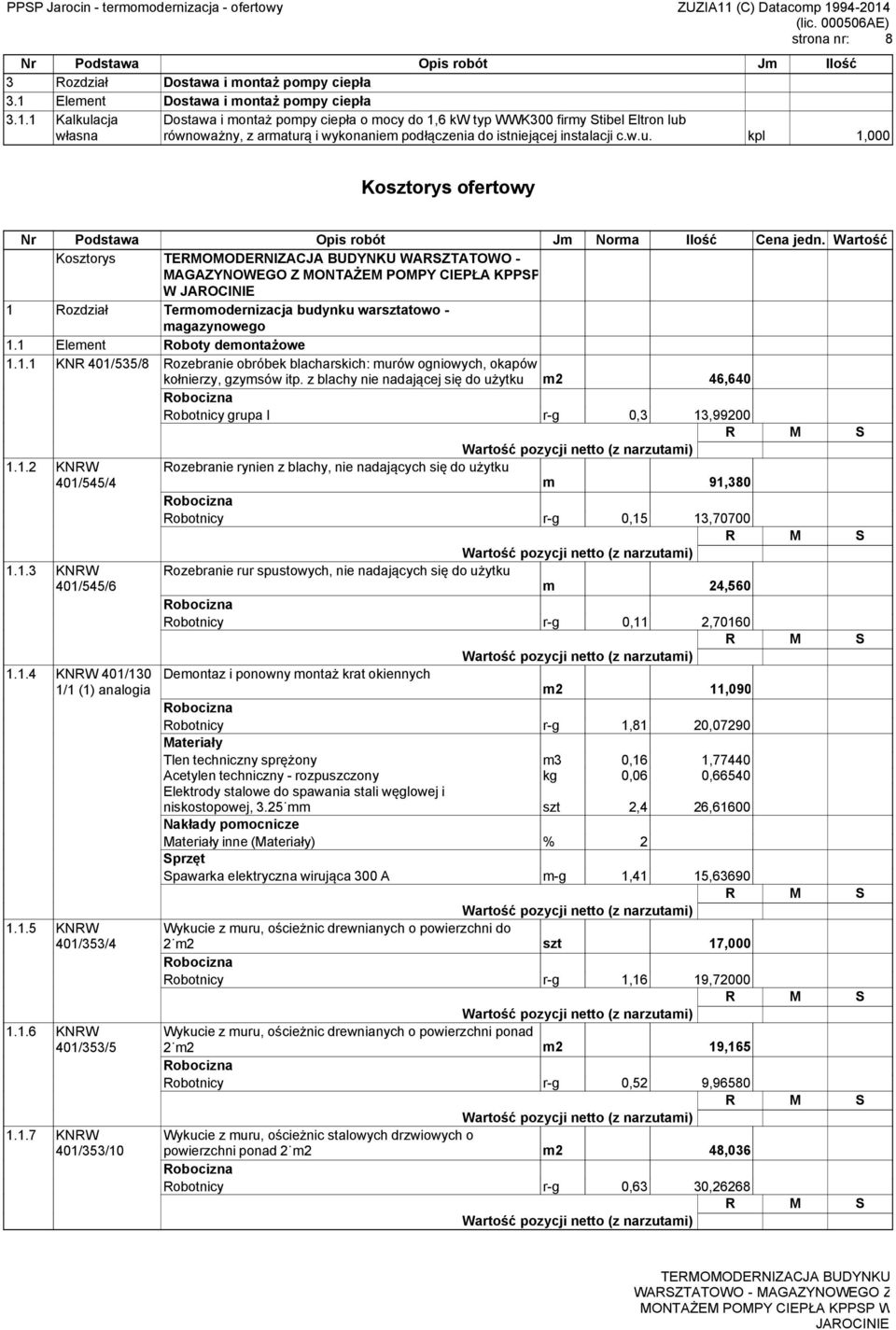 1 Kalkulacja Dostawa i montaż pompy ciepła o mocy do 1,6 kw typ WWK300 firmy Stibel Eltron lub własna równoważny, z armaturą i wykonaniem podłączenia do istniejącej instalacji c.w.u. kpl 1,000 Kosztorys ofertowy Jm Norma Ilość Kosztorys WARSZTATOWO - MAGAZYNOWEGO Z MONTAŻEM POMPY CIEPŁA KPPSP W 1 Rozdział Termomodernizacja budynku warsztatowo - magazynowego 1.