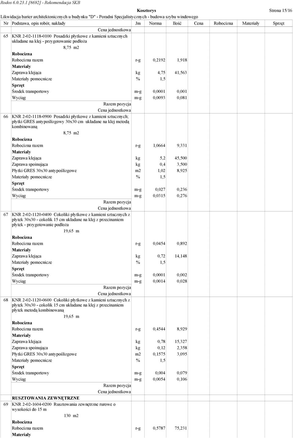 cm układane na klej metodą kombinowaną 8,75 m2 razem r-g 1,0664 9,331 Zaprawa klejąca kg 5,2 45,500 Zaprawa spoinująca kg 0,4 3,500 Płytki GRES 30x30 antypoślizgowe m2 1,02 8,925 Środek transportowy