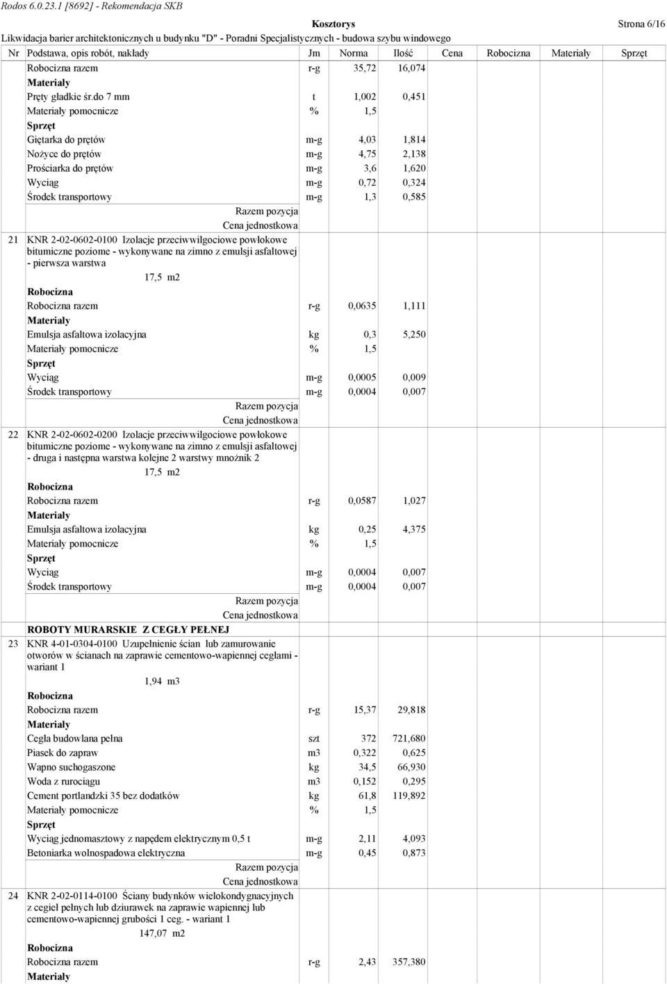 2-02-0602-0100 Izolacje przeciwwilgociowe powłokowe bitumiczne poziome - wykonywane na zimno z emulsji asfaltowej - pierwsza warstwa 17,5 m2 razem r-g 0,0635 1,111 Emulsja asfaltowa izolacyjna kg 0,3