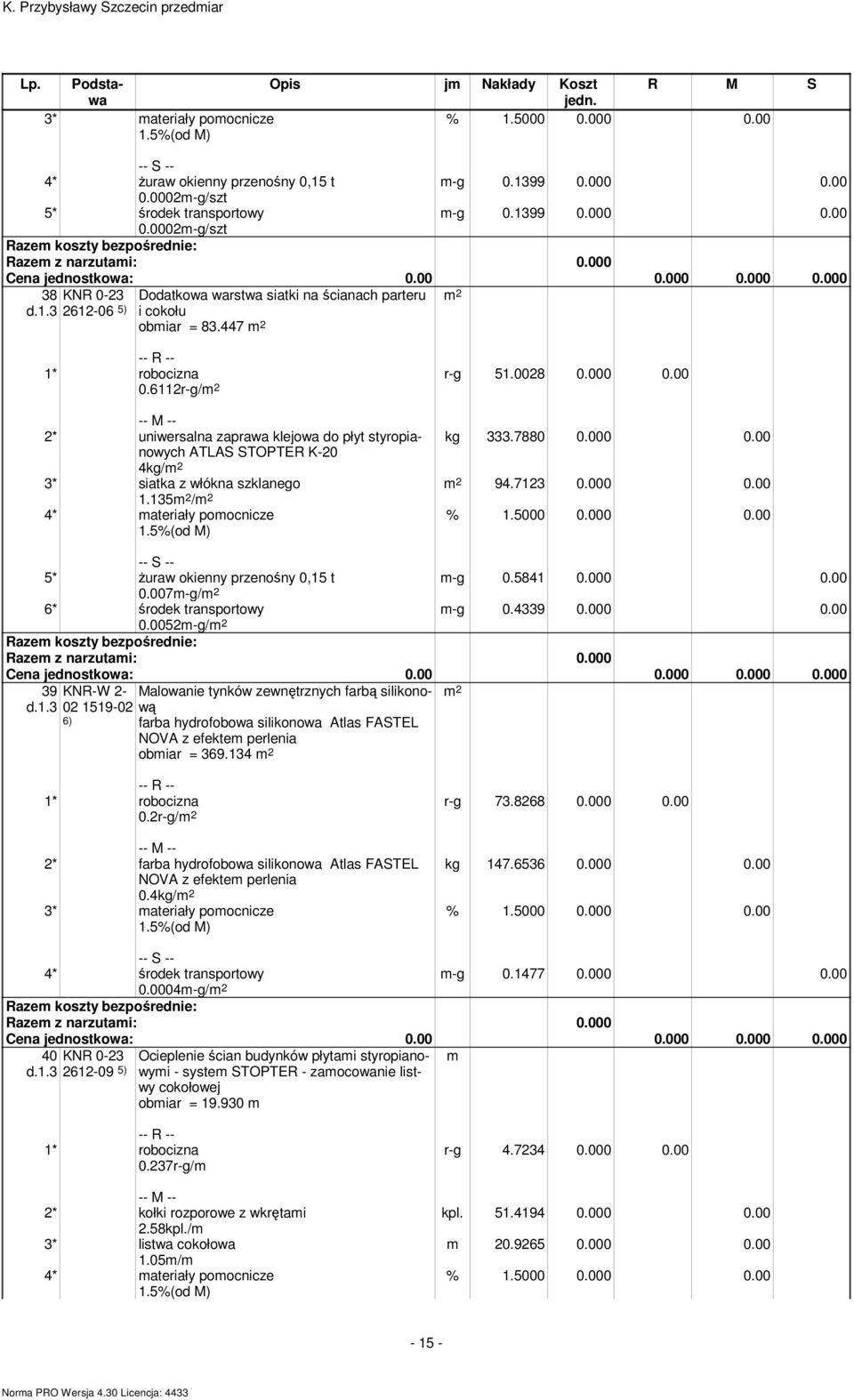 5841 0.000 0.00 m-g 0.4339 0.000 0.00 5* Ŝuraw okienny przenośny 0,15 t 0.007m-g/ 6* środek transportowy 0.