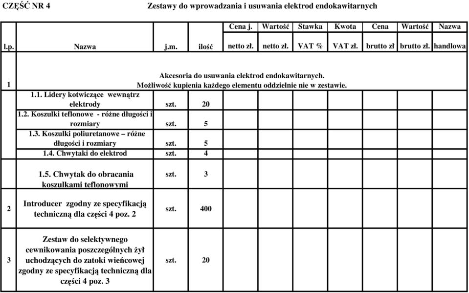 20 1.2. Koszulki teflonowe - różne długości i rozmiary szt. 5 1.3. Koszulki poliuretanowe różne długości i rozmiary szt. 5 1.4. Chwytaki do elektrod szt. 4 2 1.5. Chwytak do obracania koszulkami teflonowymi Introducer techniczną dla części 4 poz.