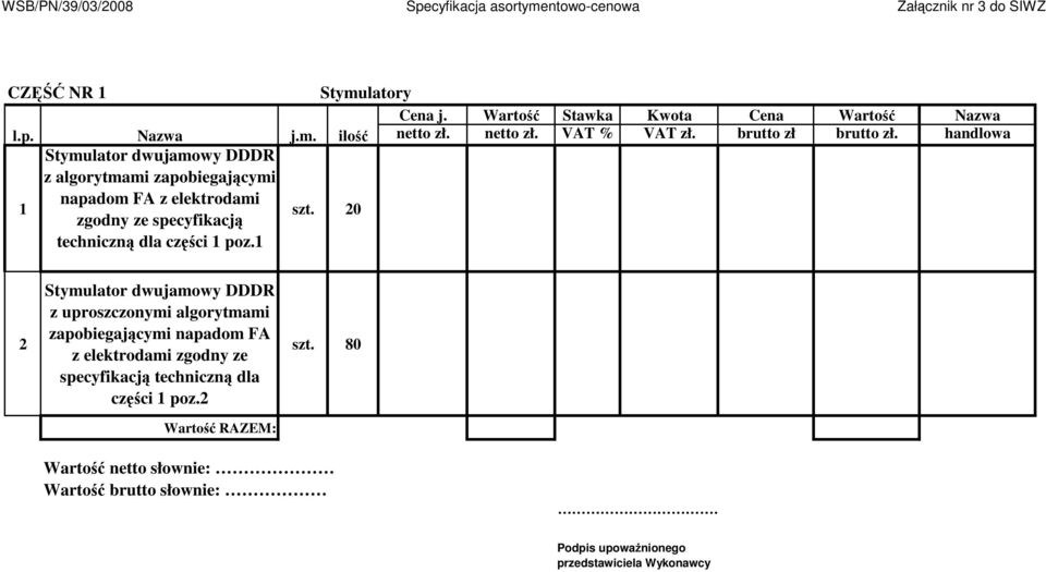 handlowa Stymulator dwujamowy DDDR z algorytmami zapobiegającymi 1 napadom FA z elektrodami techniczną dla części 1 poz.1 szt.