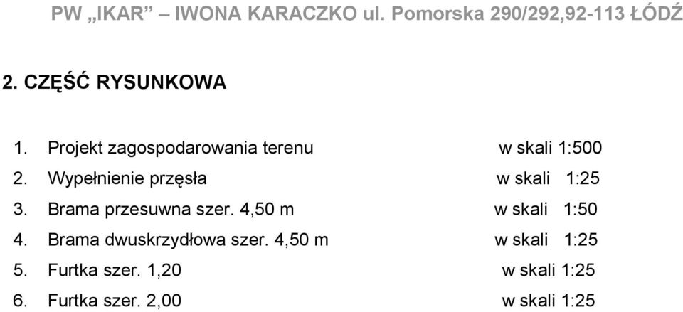 Wypełnienie przęsła w skali 1:25 3. Brama przesuwna szer. 4,50 m w skali 1:50 4.