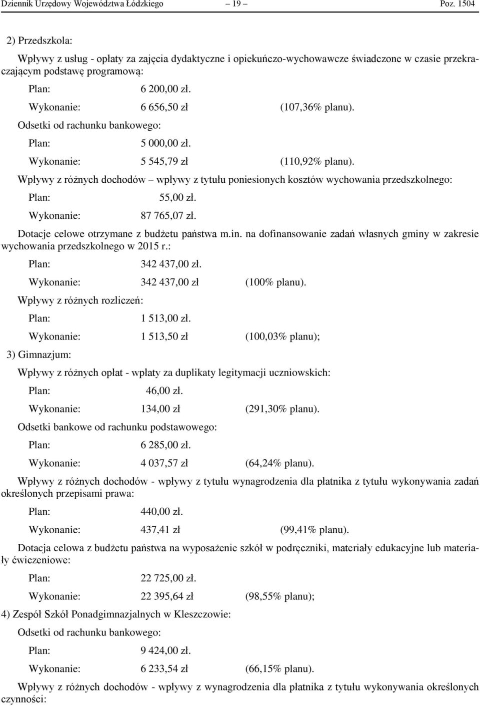 Wykonanie: 6 656,50 zł (107,36% planu). Odsetki od rachunku bankowego: : 5 000,00 zł. Wykonanie: 5 545,79 zł (110,92% planu).