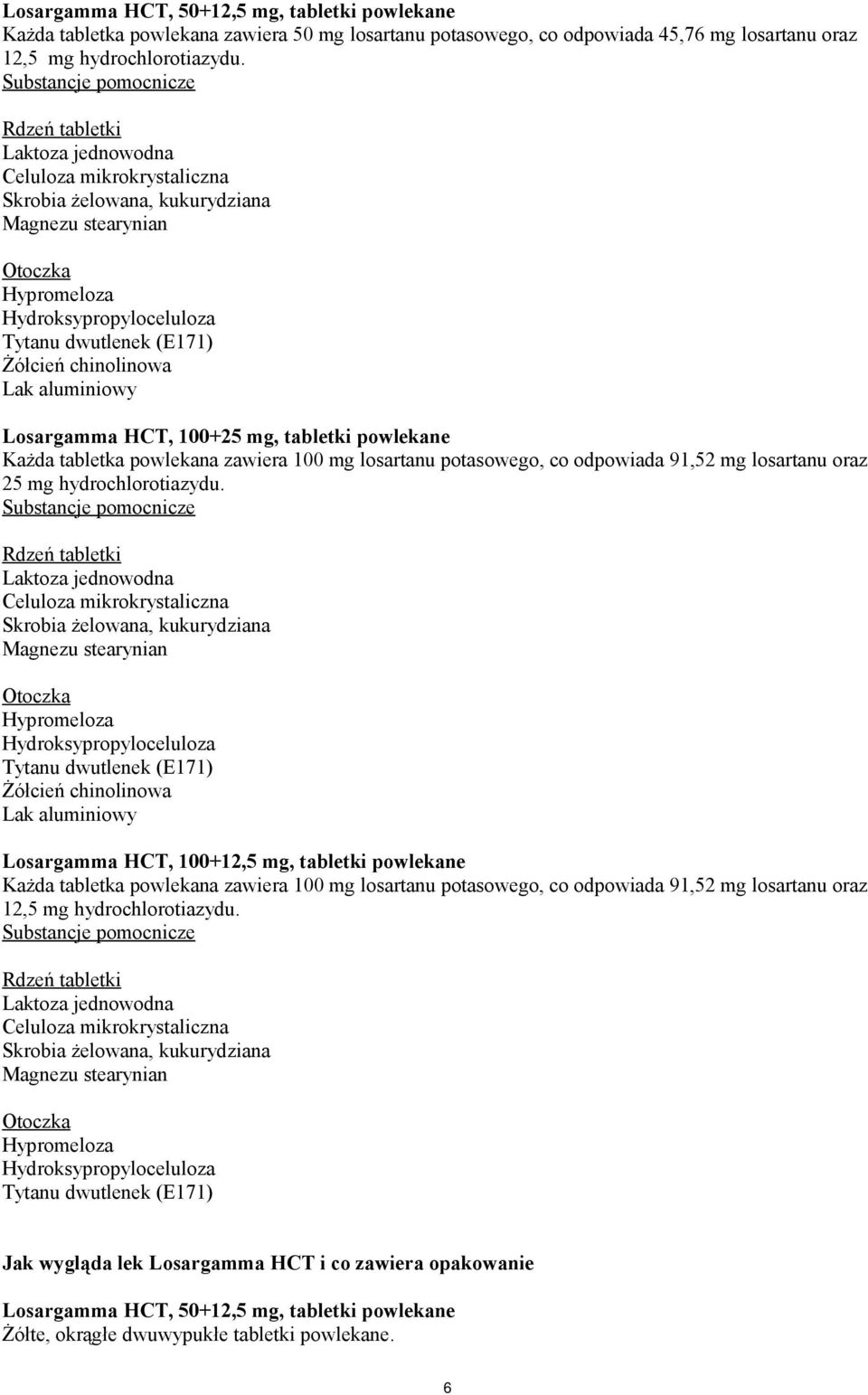 (E171) Żółcień chinolinowa Lak aluminiowy Losargamma HCT, 100+25 mg, tabletki powlekane Każda tabletka powlekana zawiera 100 mg losartanu potasowego, co odpowiada 91,52 mg losartanu oraz 25 mg