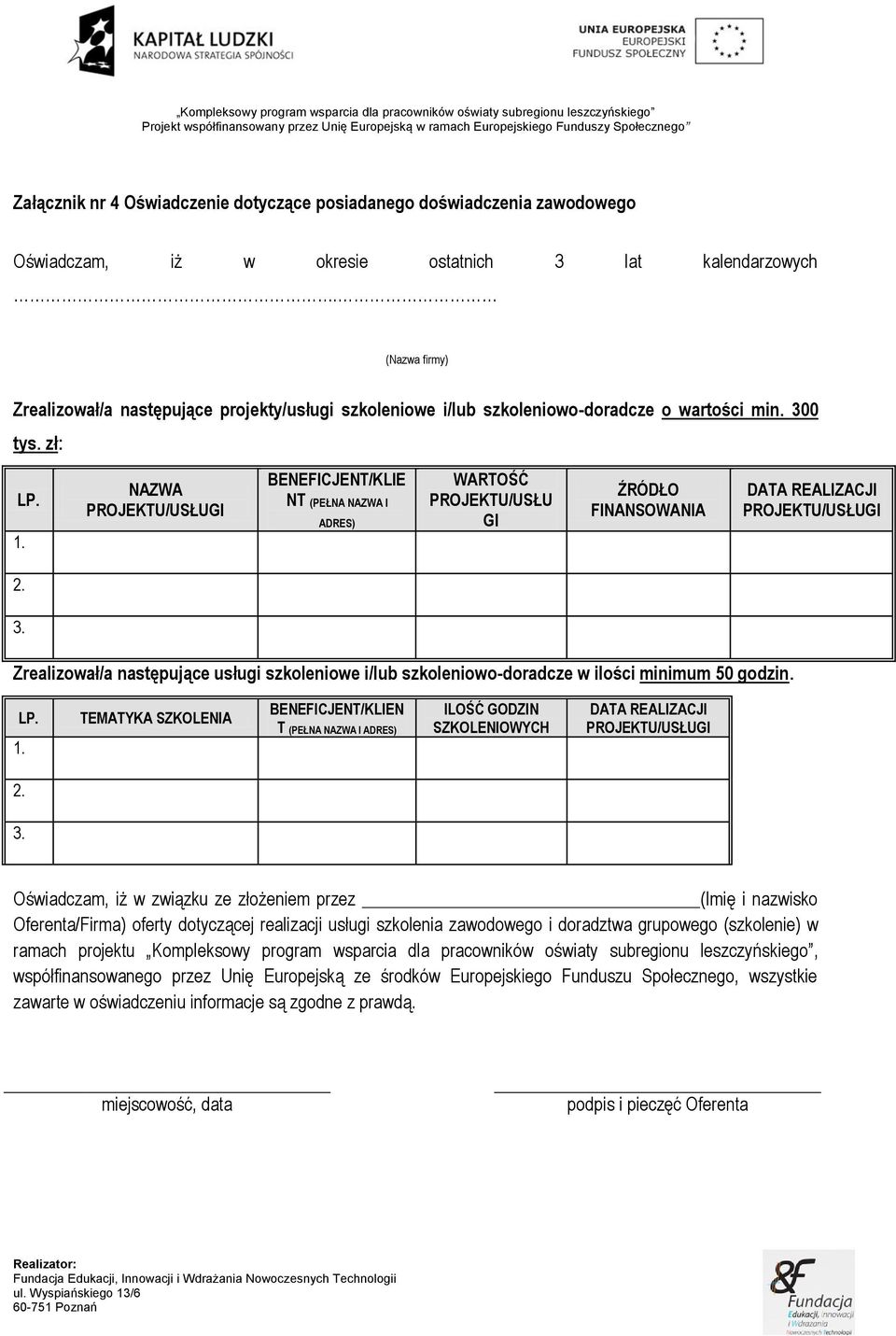 NAZWA PROJEKTU/USŁUGI BENEFICJENT/KLIE NT (PEŁNA NAZWA I ADRES) WARTOŚĆ PROJEKTU/USŁU GI ŹRÓDŁO FINANSOWANIA DATA REALIZACJI PROJEKTU/USŁUGI 2. 3.