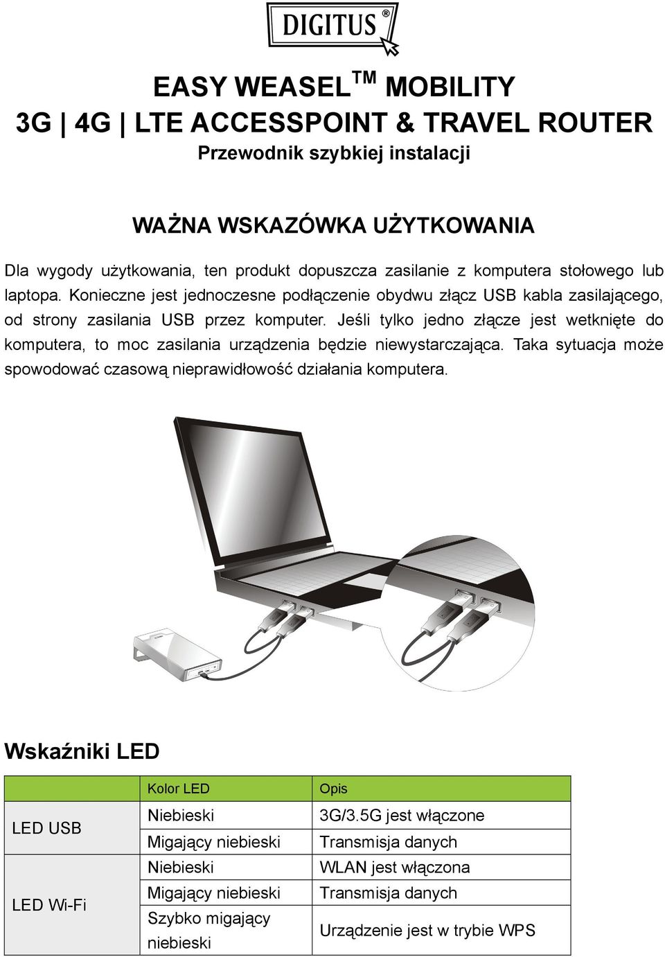 Jeśli tylko jedno złącze jest wetknięte do komputera, to moc zasilania urządzenia będzie niewystarczająca. Taka sytuacja może spowodować czasową nieprawidłowość działania komputera.