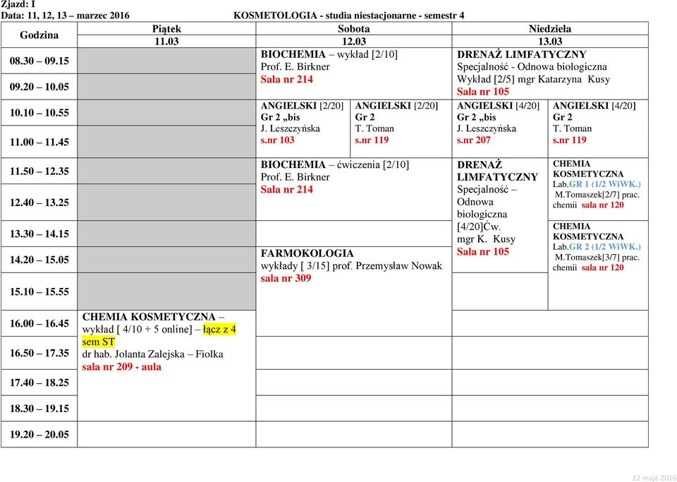 nr 207 [4/20] Gr 2 T. Toman BIO ćwiczenia [2/10] wykłady [ 3/15] prof. Przemysław sala nr 309 Specjalność Odnowa biologiczna [4/20]Ćw. mgr K.
