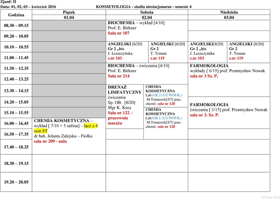 Toman BIO ćwiczenia [4/10] ćwiczenia Sp. OB. [8/20] Mgr K. Kusy Sala nr 122 pracownia masażu Lab.GR 2 (1/2 WiWK.) M.Tomaszek[5/7] prac.