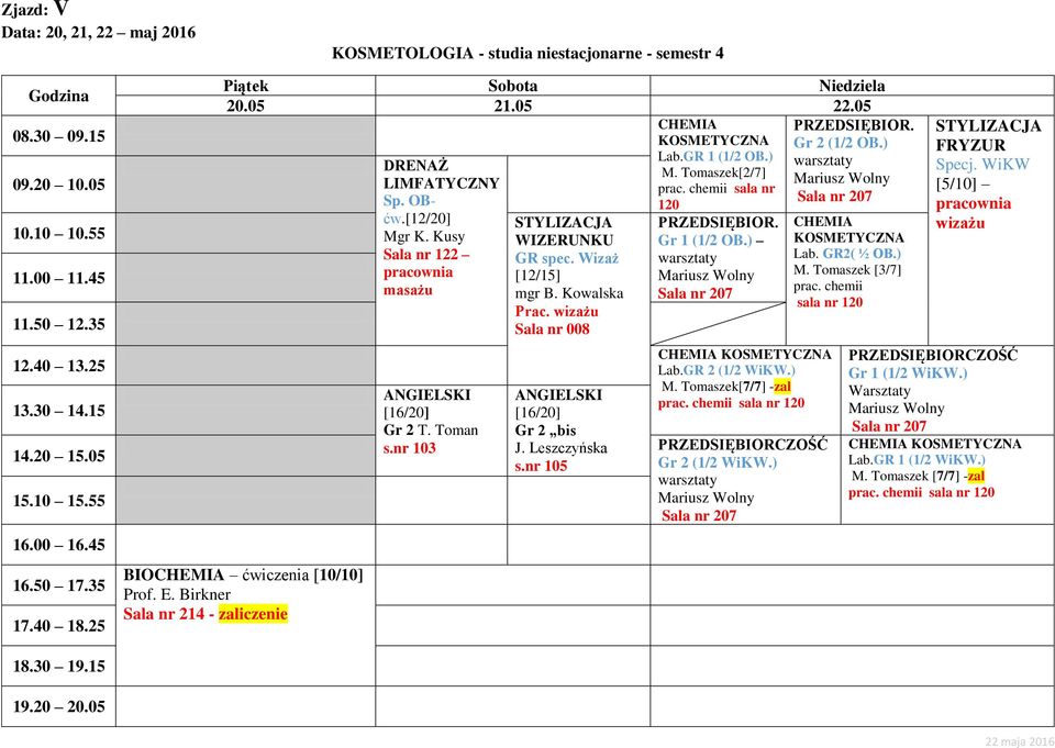 chemii sala nr 120 PRZEDSIĘBIOR. Gr 1 (1/2 OB.) warsztaty Mariusz Wolny Sala nr 207 Lab.GR 2 (1/2 WiKW.) M. Tomaszek[7/7] -zal prac. chemii sala nr 120 PRZEDSIĘBIORCZOŚĆ Gr 2 (1/2 WiKW.