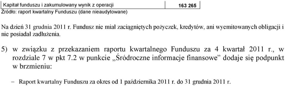 5) w związku z przekazaniem raportu kwartalnego Funduszu za 4 kwartał 2011 r., w rozdziale 7 w pkt 7.