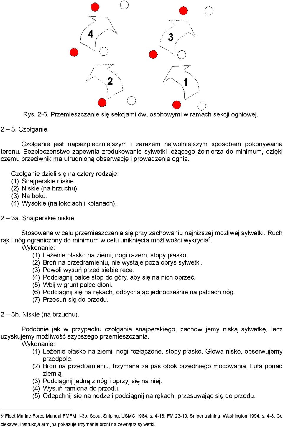 Czołganie dzieli się na cztery rodzaje: (1) Snajperskie niskie. (2) Niskie (na brzuchu). (3) Na boku. (4) Wysokie (na łokciach i kolanach). 2 3a. Snajperskie niskie. Stosowane w celu przemieszczenia się przy zachowaniu najniższej możliwej sylwetki.