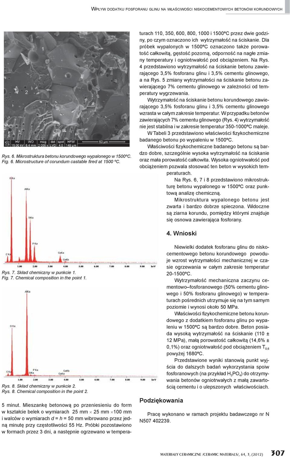 Próbki pozostawiono w formach przez 3 dni, a nast pnie ogrzewano w temperaturach 110, 350, 600, 800, 1000 i 1500ºC przez dwie godziny, po czym oznaczono ich wytrzyma o na ciskanie.