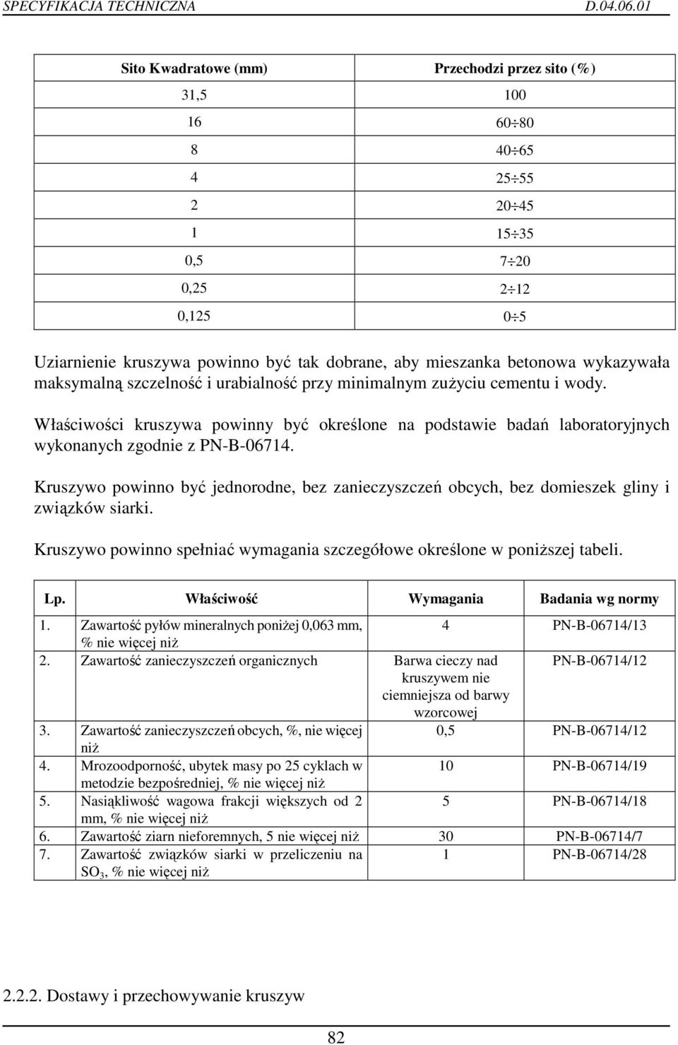 Kruszywo powinno być jednorodne, bez zanieczyszczeń obcych, bez domieszek gliny i związków siarki. Kruszywo powinno spełniać wymagania szczegółowe określone w poniŝszej tabeli. Lp.