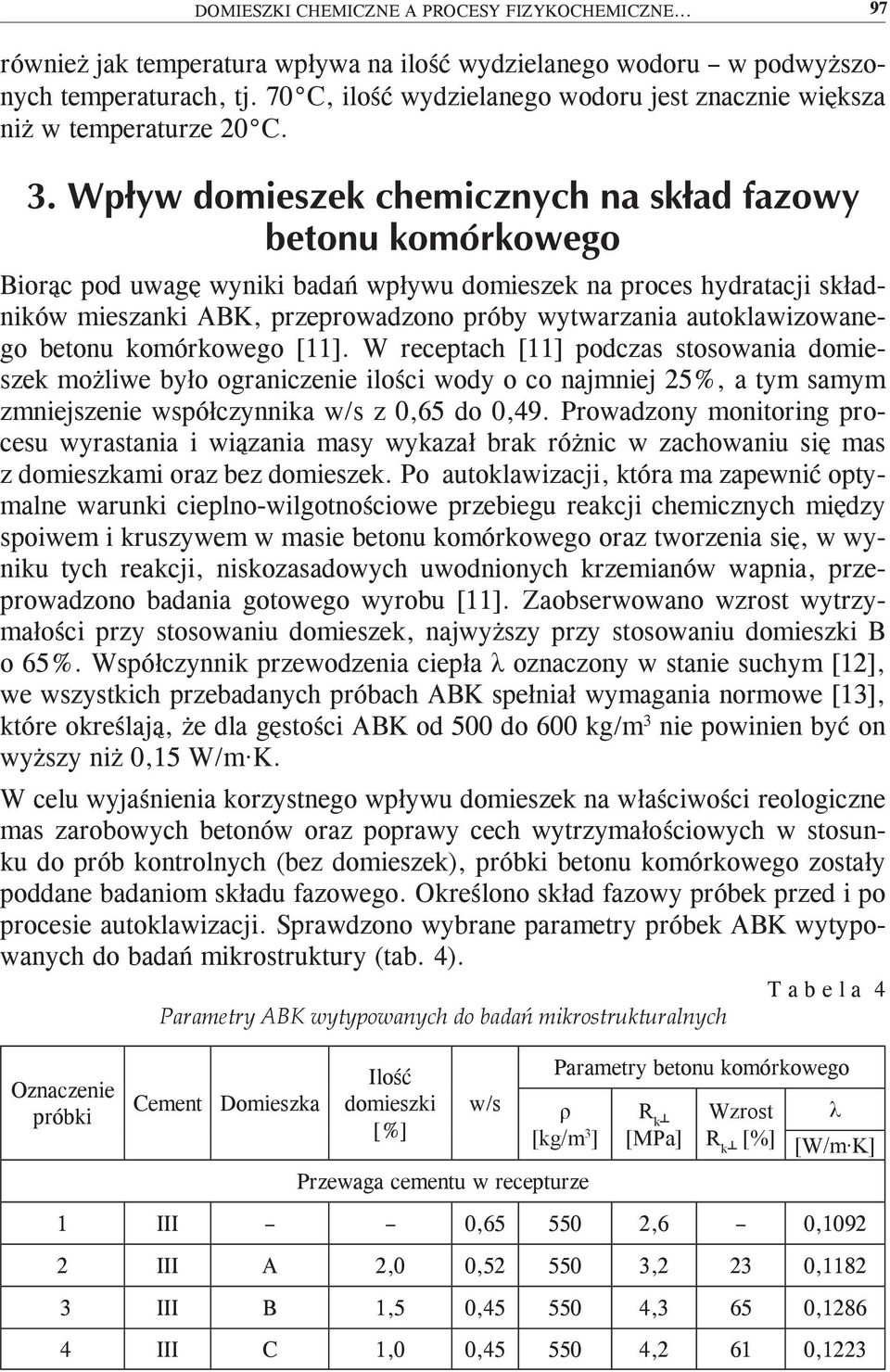 Biorąc pod uwagę wyniki badań wpływu domieszek na proces hydratacji składników mieszanki ABK, przeprowadzono próby wytwarzania autoklawizowanego betonu komórkowego [11].