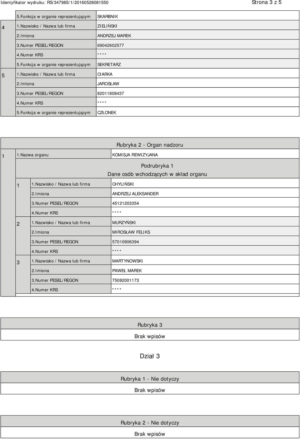 Nazwa organu KOMISJA REWIZYJANA Podrubryka 1 Dane osób wchodzących w skład organu 1 1.Nazwisko / Nazwa lub firma CHYLIŃSKI ANDRZEJ ALEKSANDER 3.