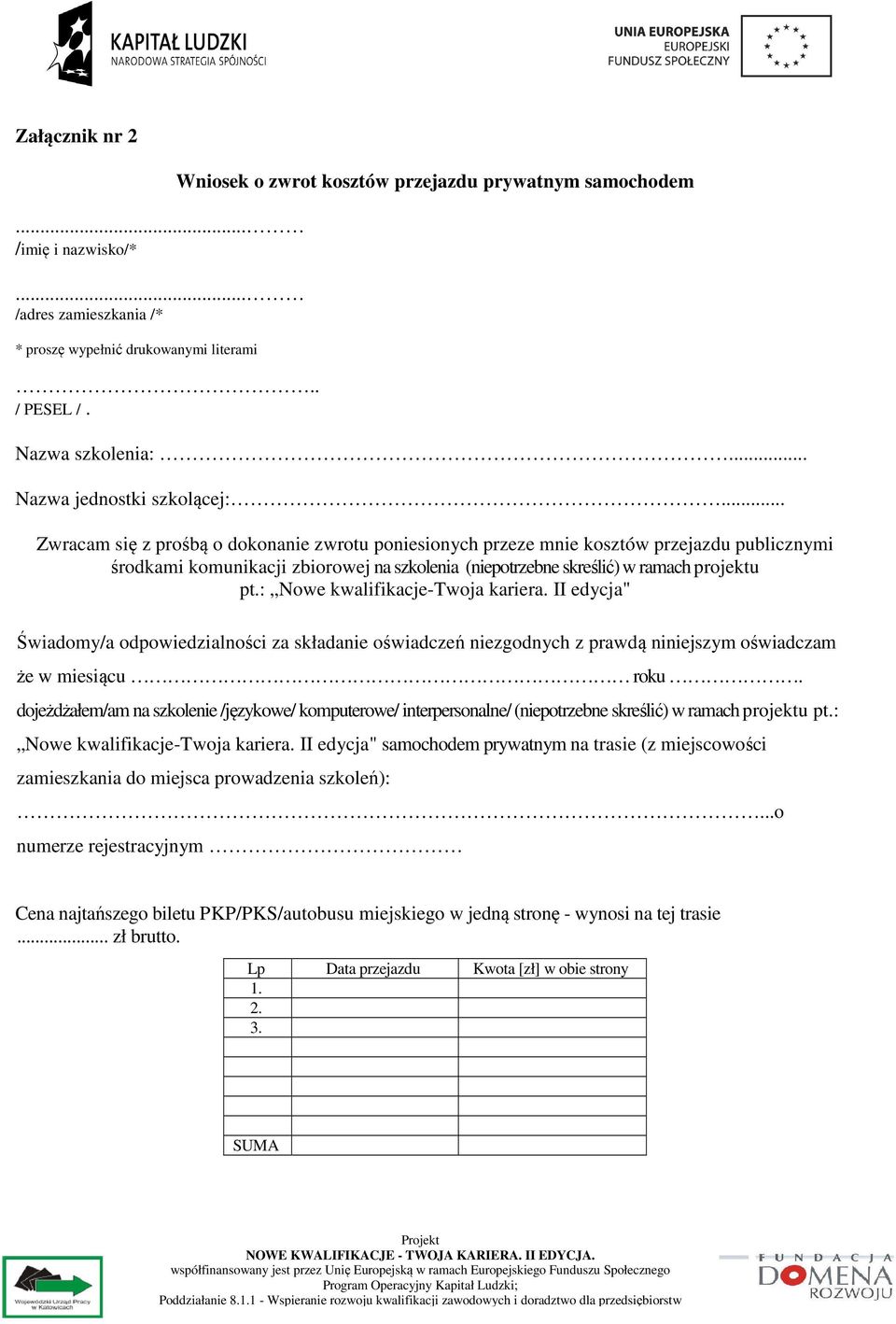 .. Zwracam się z prośbą o dokonanie zwrotu poniesionych przeze mnie kosztów przejazdu publicznymi środkami komunikacji zbiorowej na szkolenia (niepotrzebne skreślić) w ramach projektu pt.