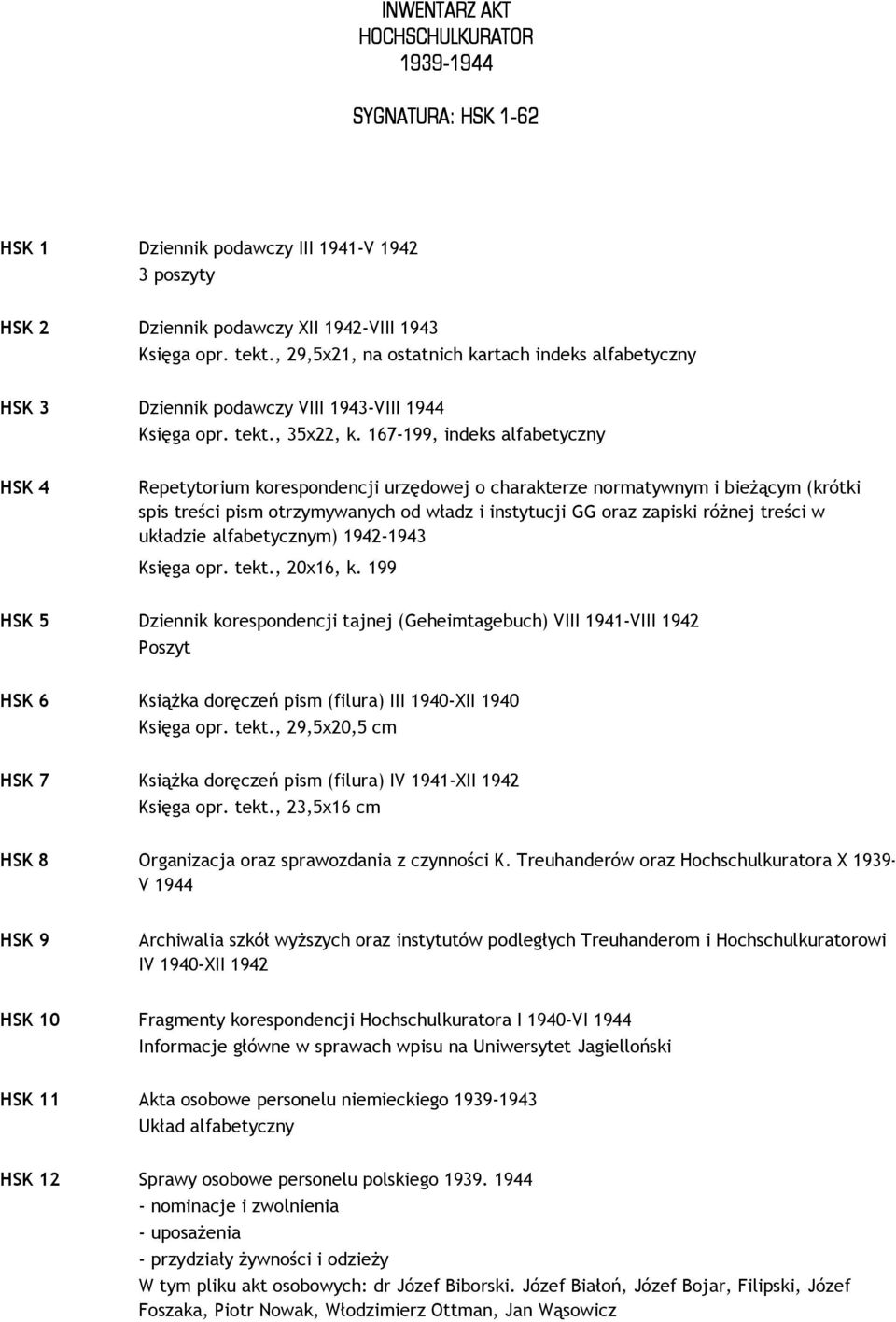 167-199, indeks alfabetyczny HSK 4 Repetytorium korespondencji urzędowej o charakterze normatywnym i bieŝącym (krótki spis treści pism otrzymywanych od władz i instytucji GG oraz zapiski róŝnej