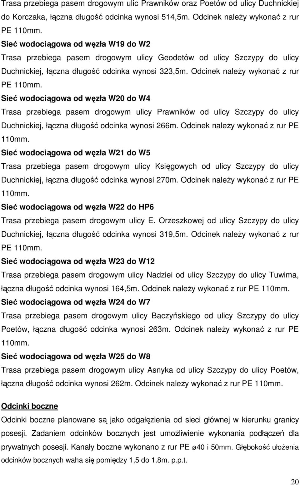 Sieć wodociągowa od węzła W20 do W4 Trasa przebiega pasem drogowym ulicy Prawników od ulicy Szczypy do ulicy Duchnickiej, łączna długość odcinka wynosi 266m. Odcinek naleŝy wykonać z rur PE 110mm.