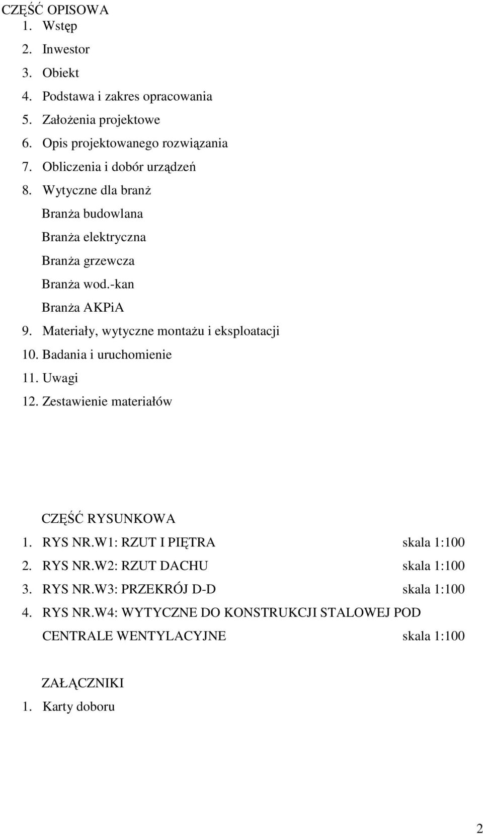 Materiały, wytyczne montaŝu i eksploatacji 10. Badania i uruchomienie 11. Uwagi 12. Zestawienie materiałów CZĘŚĆ RYSUNKOWA 1. RYS NR.