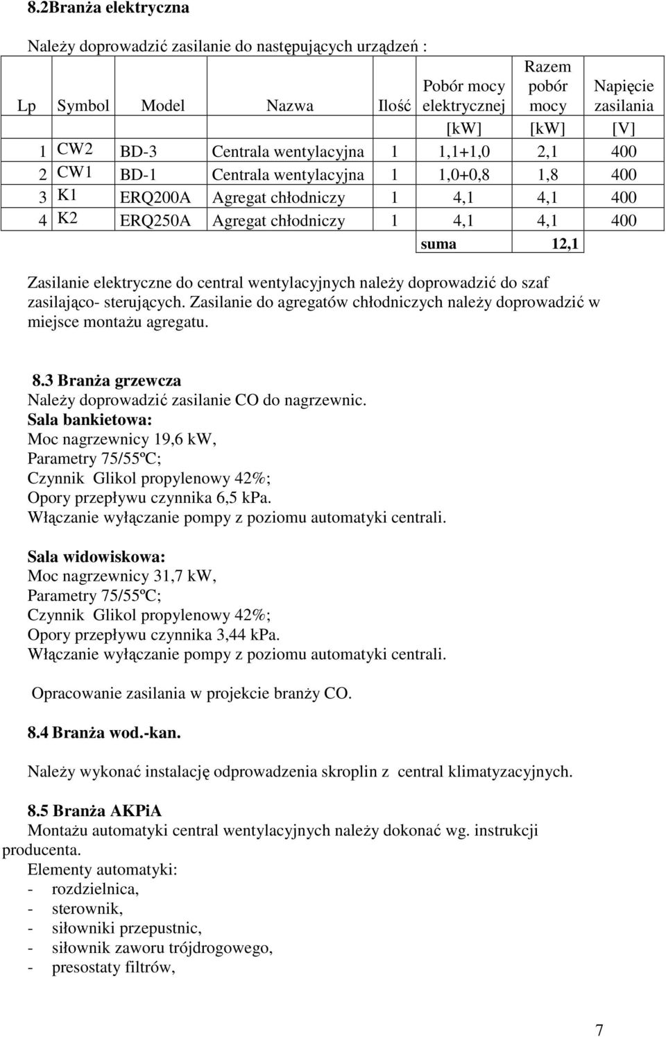 central wentylacyjnych naleŝy doprowadzić do szaf zasilająco- sterujących. Zasilanie do agregatów chłodniczych naleŝy doprowadzić w miejsce montaŝu agregatu. Napięcie zasilania 8.