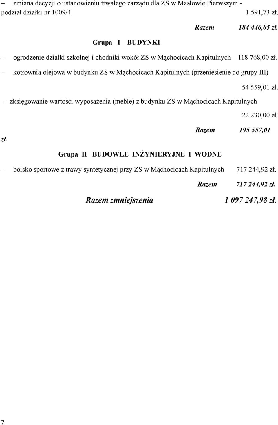 kotłownia olejowa w budynku ZS w Mąchocicach Kapitulnych (przeniesienie do grupy III) 54 559,01 zł.