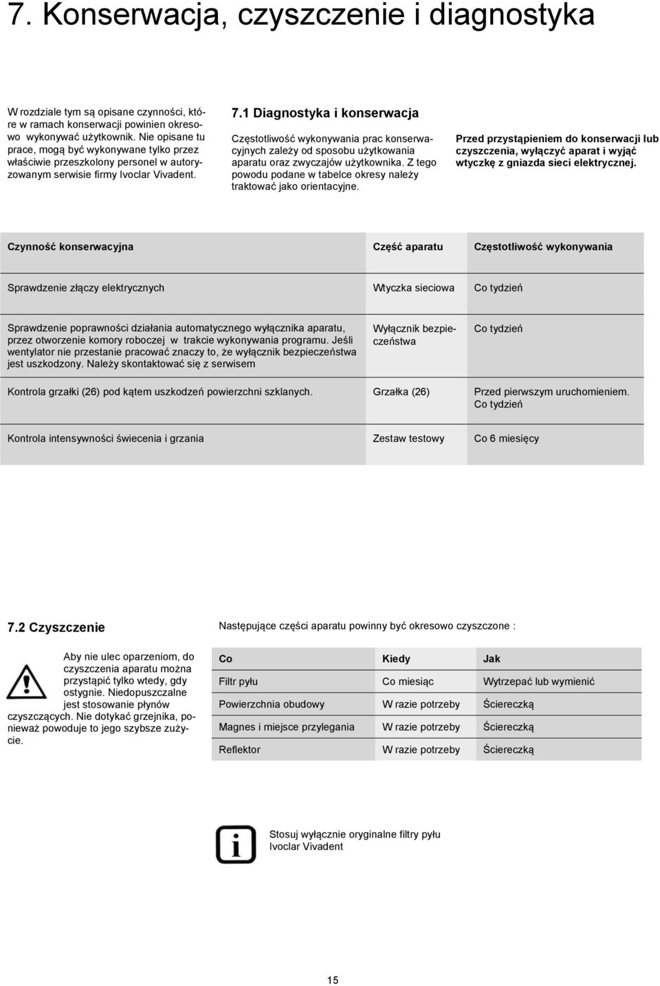 1 Diagnostyka i konserwacja Częstotliwość wykonywania prac konserwacyjnych zależy od sposobu użytkowania aparatu oraz zwyczajów użytkownika.