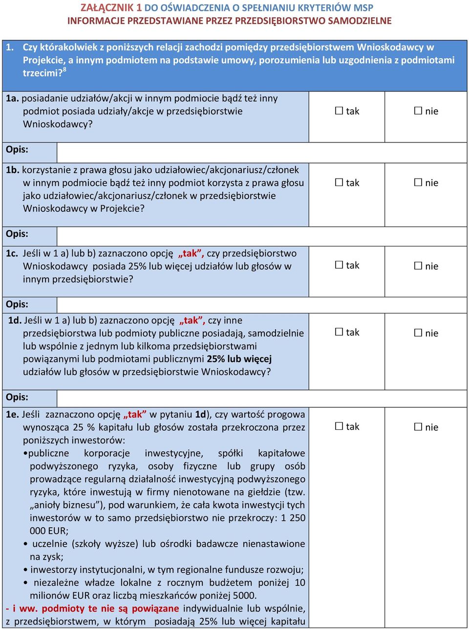 posiadanie udziałów/akcji w innym podmiocie bądź też inny podmiot posiada udziały/akcje w przedsiębiorstwie Wnioskodawcy? 1b.