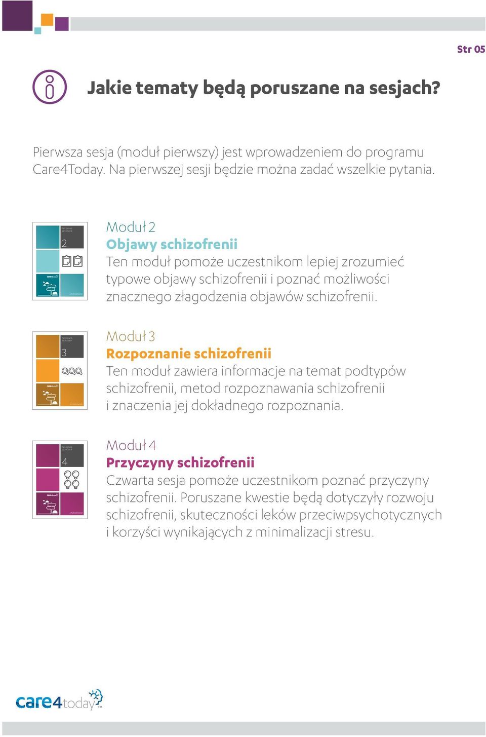 2 3 4 Moduł 2 Objawy schizofrenii Ten moduł pomoże uczestnikom lepiej zrozumieć typowe objawy schizofrenii i poznać możliwości znacznego złagodzenia objawów schizofrenii.