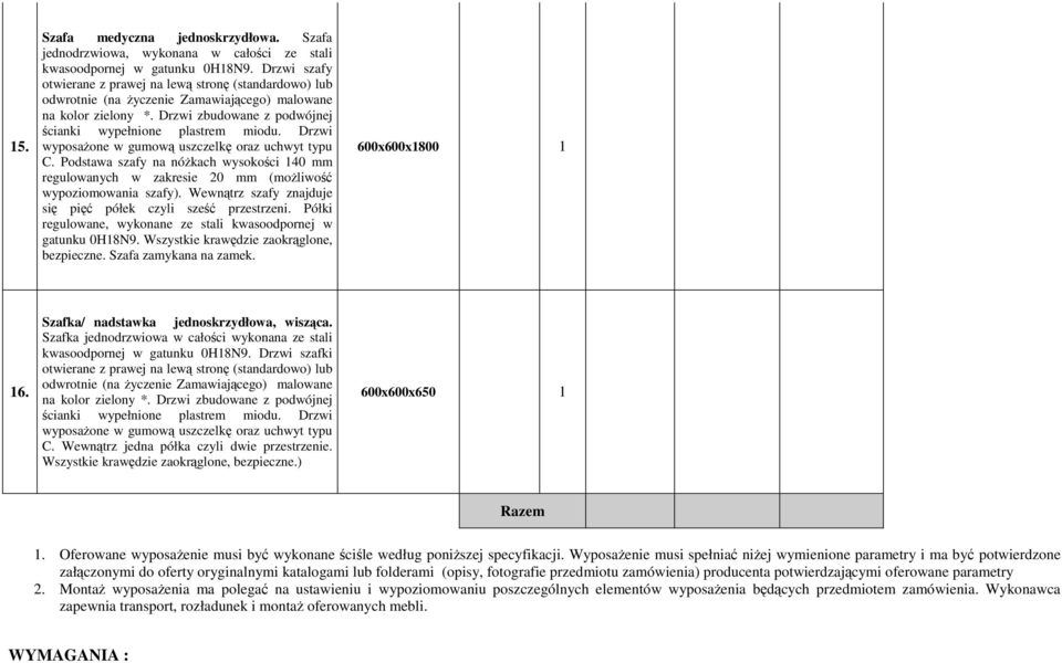 Drzwi wyposaŝone w gumową uszczelkę oraz uchwyt typu C. Podstawa szafy na nóŝkach wysokości 140 mm regulowanych w zakresie 20 mm (moŝliwość wypoziomowania szafy).