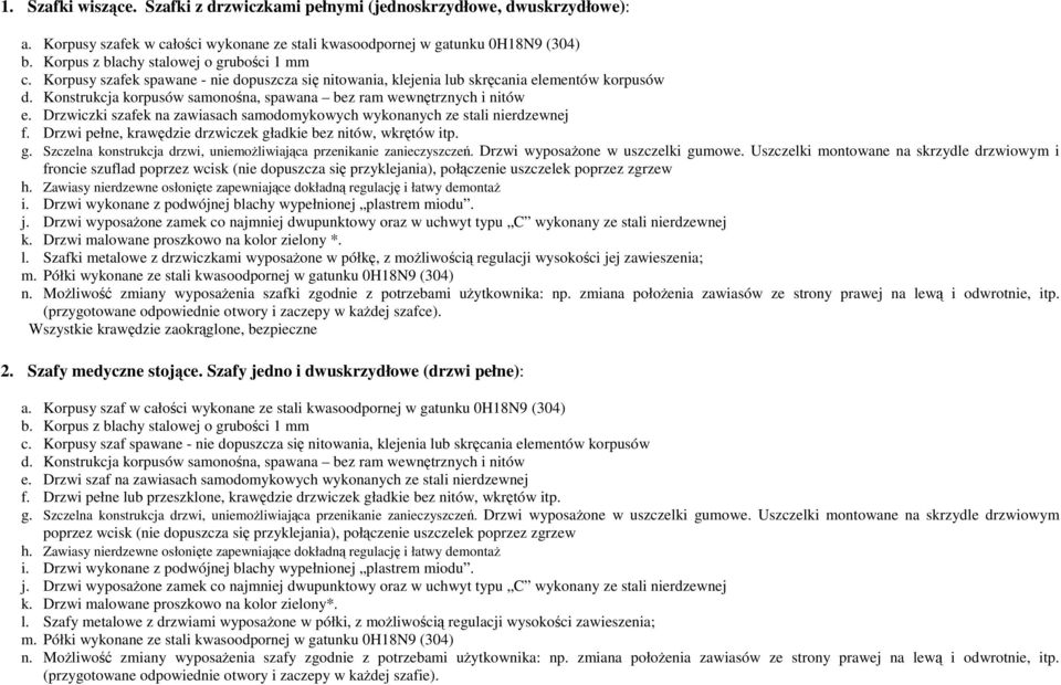 Konstrukcja korpusów samonośna, spawana bez ram wewnętrznych i nitów e. Drzwiczki szafek na zawiasach samodomykowych wykonanych ze stali nierdzewnej f.