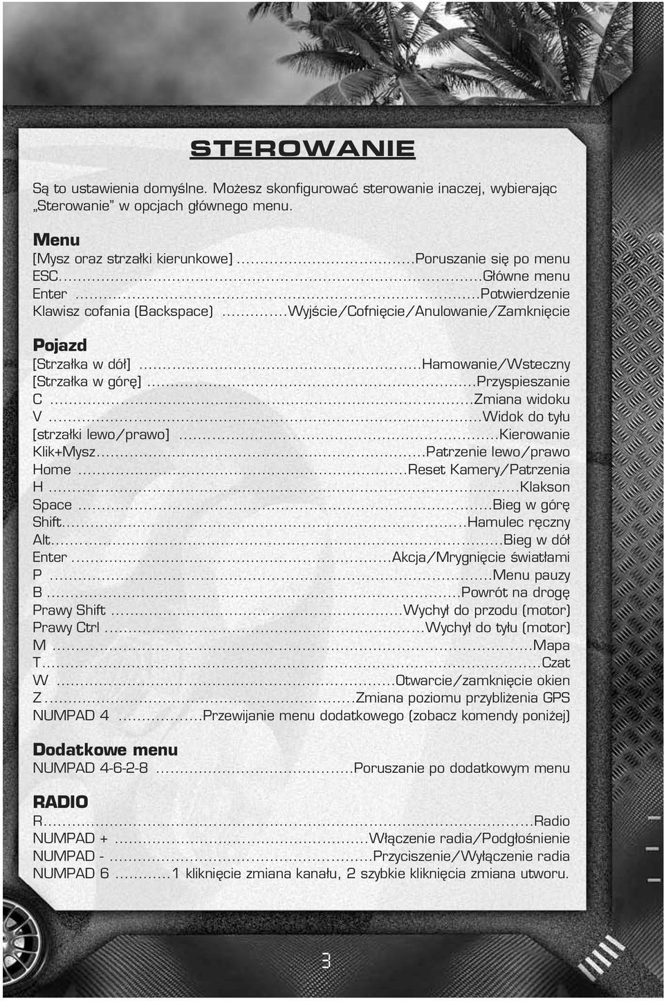 ..Zmiana widoku V...Widok do tyłu [strzałki lewo/prawo]...kierowanie Klik+Mysz...Patrzenie lewo/prawo Home...Reset Kamery/Patrzenia H...Klakson Space...Bieg w gór Shift...Hamulec r czny Alt.