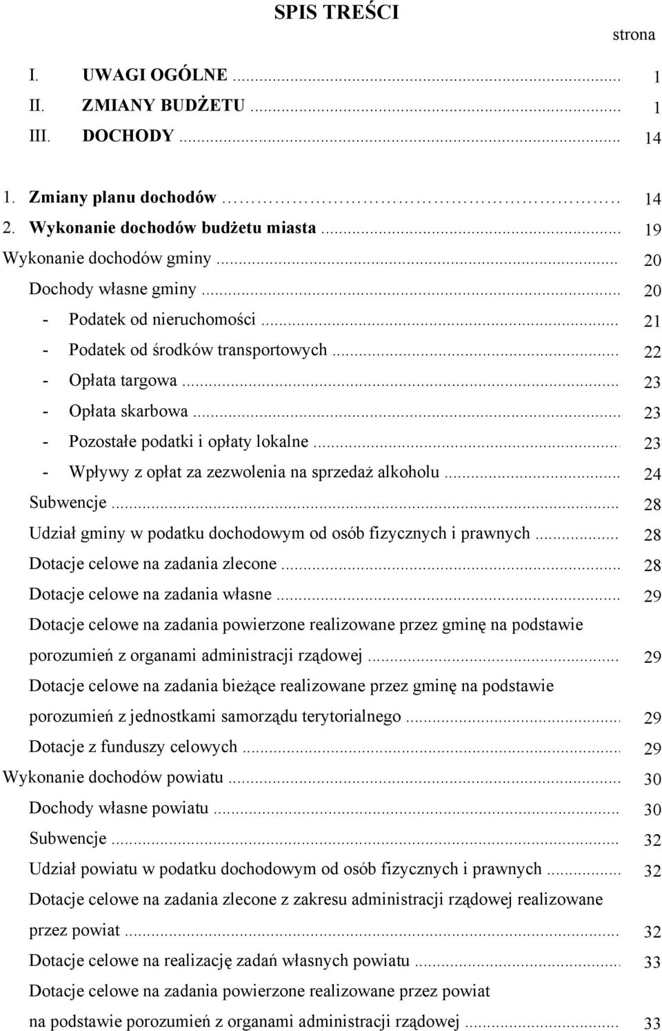 .. 23 - Wpływy z opłat za zezwolenia na sprzedaż alkoholu... 24 Subwencje... 28 Udział gminy w podatku dochodowym od osób fizycznych i prawnych... 28 Dotacje celowe na zadania zlecone.