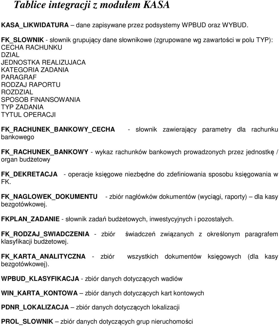 TYP ZADANIA TYTUL OPERACJI FK_RACHUNEK_BANKOWY_CECHA bankowego - słownik zawierający parametry dla rachunku FK_RACHUNEK_BANKOWY - wykaz rachunków bankowych prowadzonych przez jednostkę / organ